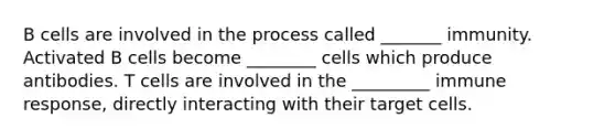 B cells are involved in the process called _______ immunity. Activated B cells become ________ cells which produce antibodies. T cells are involved in the _________ immune response, directly interacting with their target cells.