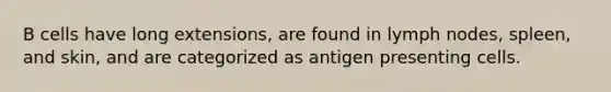 B cells have long extensions, are found in lymph nodes, spleen, and skin, and are categorized as antigen presenting cells.