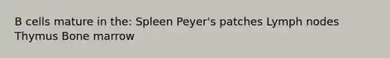 B cells mature in the: Spleen Peyer's patches Lymph nodes Thymus Bone marrow