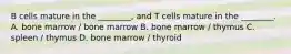 B cells mature in the ________, and T cells mature in the ________. A. bone marrow / bone marrow B. bone marrow / thymus C. spleen / thymus D. bone marrow / thyroid