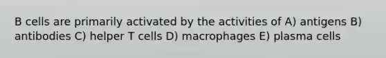 B cells are primarily activated by the activities of A) antigens B) antibodies C) helper T cells D) macrophages E) plasma cells