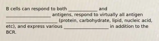 B cells can respond to both _____________ and ____________________ antigens, respond to virtually all antigen _______________________ (protein, carbohydrate, lipid, nucleic acid, etc), and express various ____________________ in addition to the BCR.