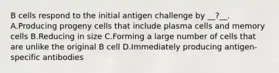 B cells respond to the initial antigen challenge by __?__. A.Producing progeny cells that include plasma cells and memory cells B.Reducing in size C.Forming a large number of cells that are unlike the original B cell D.Immediately producing antigen-specific antibodies