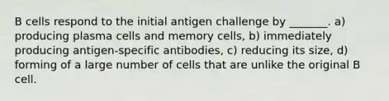 B cells respond to the initial antigen challenge by _______. a) producing plasma cells and memory cells, b) immediately producing antigen-specific antibodies, c) reducing its size, d) forming of a large number of cells that are unlike the original B cell.