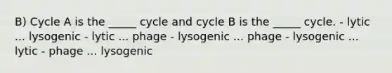 B) Cycle A is the _____ cycle and cycle B is the _____ cycle. - lytic ... lysogenic - lytic ... phage - lysogenic ... phage - lysogenic ... lytic - phage ... lysogenic