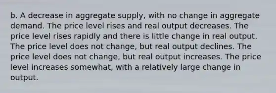 b. A decrease in aggregate supply, with no change in aggregate demand. The price level rises and real output decreases. The price level rises rapidly and there is little change in real output. The price level does not change, but real output declines. The price level does not change, but real output increases. The price level increases somewhat, with a relatively large change in output.