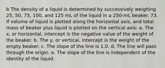 b The density of a liquid is determined by successively weighing 25, 50, 75, 100, and 125 mL of the liquid in a 250-mL beaker. 73. If volume of liquid is plotted along the horizontal axis, and total mass of beaker plus liquid is plotted on the vertical axis: a. The x, or horizontal, intercept is the negative value of the weight of the beaker. b. The y, or vertical, intercept is the weight of the empty beaker. c. The slope of the line is 1.0. d. The line will pass through the origin. e. The slope of the line is independent of the identity of the liquid.