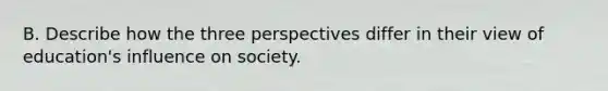 B. Describe how the three perspectives differ in their view of education's influence on society.