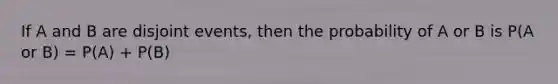 If A and B are disjoint events, then the probability of A or B is P(A or B) = P(A) + P(B)