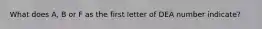 What does A, B or F as the first letter of DEA number indicate?