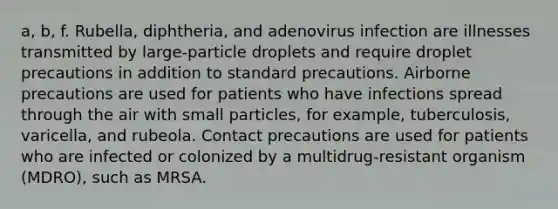 a, b, f. Rubella, diphtheria, and adenovirus infection are illnesses transmitted by large-particle droplets and require droplet precautions in addition to standard precautions. Airborne precautions are used for patients who have infections spread through the air with small particles, for example, tuberculosis, varicella, and rubeola. Contact precautions are used for patients who are infected or colonized by a multidrug-resistant organism (MDRO), such as MRSA.