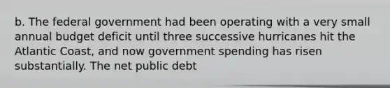 b. The federal government had been operating with a very small annual budget deficit until three successive hurricanes hit the Atlantic​ Coast, and now government spending has risen substantially. The net public debt