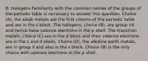 B. Halogens Familiarity with the common names of the groups of the periodic table is necessary to answer this question. Choice (A), the alkali metals are the first column of the periodic table and are in the s block. The halogens, choice (B), are group VII and hence have valence electrons in the p shell. The transition metals, choice (C) are in the d block and their valence electrons are in the s and d shells. Choice (D), the alkaline earth metals, are in group II and also in the s block. Choice (B) is the only choice with valence electrons in the p shell.