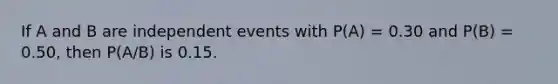 If A and B are independent events with P(A) = 0.30 and P(B) = 0.50, then P(A/B) is 0.15.