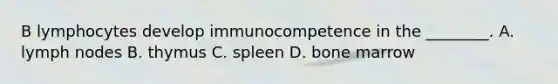 B lymphocytes develop immunocompetence in the ________. A. lymph nodes B. thymus C. spleen D. bone marrow