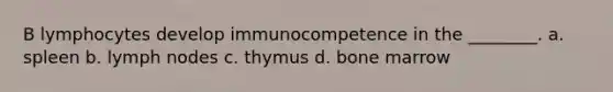 B lymphocytes develop immunocompetence in the ________. a. spleen b. lymph nodes c. thymus d. bone marrow