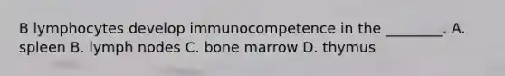 B lymphocytes develop immunocompetence in the ________. A. spleen B. lymph nodes C. bone marrow D. thymus