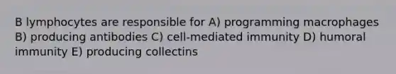 B lymphocytes are responsible for A) programming macrophages B) producing antibodies C) cell-mediated immunity D) humoral immunity E) producing collectins