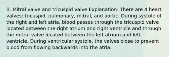 B. Mitral valve and tricuspid valve Explanation: There are 4 heart valves: tricuspid, pulmonary, mitral, and aortic. During systole of the right and left atria, blood passes through the tricuspid valve located between the right atrium and right ventricle and through the mitral valve located between the left atrium and left ventricle. During ventricular systole, the valves close to prevent blood from flowing backwards into the atria.