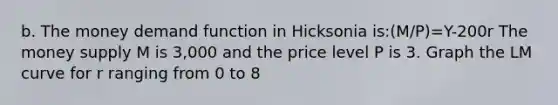 b. The money demand function in Hicksonia is:(M/P)=Y-200r The money supply M is 3,000 and the price level P is 3. Graph the LM curve for r ranging from 0 to 8