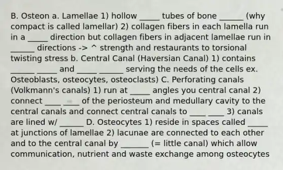 B. Osteon a. Lamellae 1) hollow _____ tubes of bone ______ (why compact is called lamellar) 2) collagen fibers in each lamella run in a _____ direction but collagen fibers in adjacent lamellae run in ______ directions -> ^ strength and restaurants to torsional twisting stress b. Central Canal (Haversian Canal) 1) contains ______ _____ and _____ ______ serving the needs of the cells ex. Osteoblasts, osteocytes, osteoclasts) C. Perforating canals (Volkmann's canals) 1) run at _____ angles you central canal 2) connect ____ ____ of the periosteum and medullary cavity to the central canals and connect central canals to ____ ____ 3) canals are lined w/ ______ D. Osteocytes 1) reside in spaces called _____ at junctions of lamellae 2) lacunae are connected to each other and to the central canal by _______ (= little canal) which allow communication, nutrient and waste exchange among osteocytes