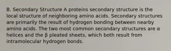 B. Secondary Structure A proteins secondary structure is the local structure of neighboring amino acids. Secondary structures are primarily the result of hydrogen bonding between nearby amino acids. The two most common secondary structures are α helices and the β pleated sheets, which both result from intramolecular hydrogen bonds.