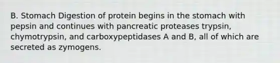 B. Stomach Digestion of protein begins in <a href='https://www.questionai.com/knowledge/kLccSGjkt8-the-stomach' class='anchor-knowledge'>the stomach</a> with pepsin and continues with pancreatic proteases trypsin, chymotrypsin, and carboxypeptidases A and B, all of which are secreted as zymogens.