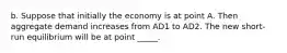 b. Suppose that initially the economy is at point A. Then aggregate demand increases from AD1 to AD2. The new​ short-run equilibrium will be at point _____.