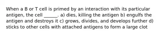 When a B or T cell is primed by an interaction with its particular antigen, the cell ______. a) dies, killing the antigen b) engulfs the antigen and destroys it c) grows, divides, and develops further d) sticks to other cells with attached antigens to form a large clot