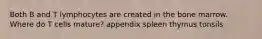 Both B and T lymphocytes are created in the bone marrow. Where do T cells mature? appendix spleen thymus tonsils