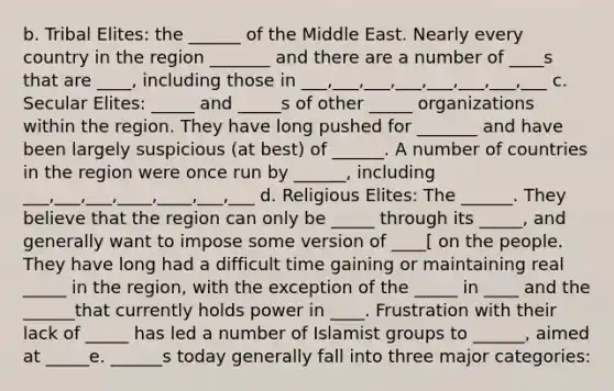 b. Tribal Elites: the ______ of the Middle East. Nearly every country in the region _______ and there are a number of ____s that are ____, including those in ___,___,___,___,___,___,___,___ c. Secular Elites: _____ and _____s of other _____ organizations within the region. They have long pushed for _______ and have been largely suspicious (at best) of ______. A number of countries in the region were once run by ______, including ___,___,___,____,____,___,___ d. Religious Elites: The ______. They believe that the region can only be _____ through its _____, and generally want to impose some version of ____[ on the people. They have long had a difficult time gaining or maintaining real _____ in the region, with the exception of the _____ in ____ and the ______that currently holds power in ____. Frustration with their lack of _____ has led a number of Islamist groups to ______, aimed at _____e. ______s today generally fall into three major categories: