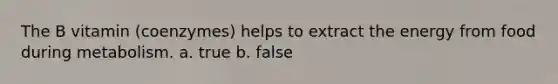 The B vitamin (coenzymes) helps to extract the energy from food during metabolism. a. true b. false