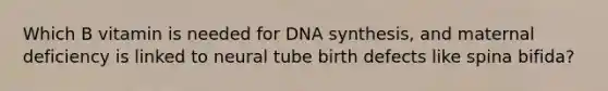 Which B vitamin is needed for DNA synthesis, and maternal deficiency is linked to neural tube birth defects like spina bifida?