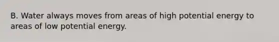 B. Water always moves from areas of high potential energy to areas of low potential energy.