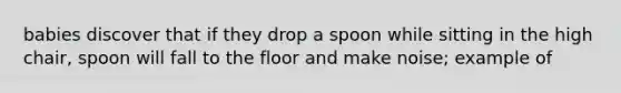 babies discover that if they drop a spoon while sitting in the high chair, spoon will fall to the floor and make noise; example of