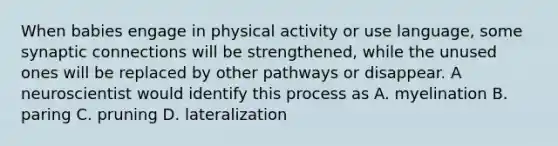 When babies engage in physical activity or use language, some synaptic connections will be strengthened, while the unused ones will be replaced by other pathways or disappear. A neuroscientist would identify this process as A. myelination B. paring C. pruning D. lateralization