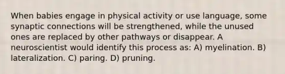 When babies engage in physical activity or use language, some synaptic connections will be strengthened, while the unused ones are replaced by other pathways or disappear. A neuroscientist would identify this process as: A) myelination. B) lateralization. C) paring. D) pruning.