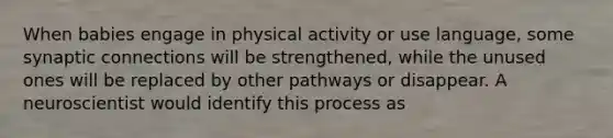 When babies engage in physical activity or use language, some synaptic connections will be strengthened, while the unused ones will be replaced by other pathways or disappear. A neuroscientist would identify this process as