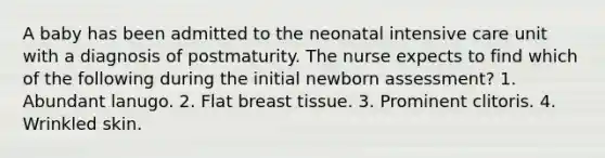 A baby has been admitted to the neonatal intensive care unit with a diagnosis of postmaturity. The nurse expects to find which of the following during the initial newborn assessment? 1. Abundant lanugo. 2. Flat breast tissue. 3. Prominent clitoris. 4. Wrinkled skin.