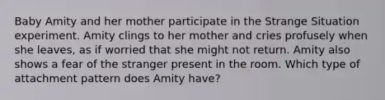 Baby Amity and her mother participate in the Strange Situation experiment. Amity clings to her mother and cries profusely when she leaves, as if worried that she might not return. Amity also shows a fear of the stranger present in the room. Which type of attachment pattern does Amity have?