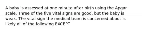 A baby is assessed at one minute after birth using the Apgar scale. Three of the five vital signs are good, but the baby is weak. The vital sign the medical team is concerned about is likely all of the following EXCEPT