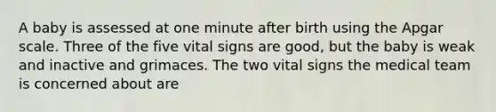 A baby is assessed at one minute after birth using the Apgar scale. Three of the five vital signs are good, but the baby is weak and inactive and grimaces. The two vital signs the medical team is concerned about are