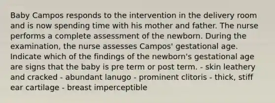 Baby Campos responds to the intervention in the delivery room and is now spending time with his mother and father. The nurse performs a complete assessment of the newborn. During the examination, the nurse assesses Campos' gestational age. Indicate which of the findings of the newborn's gestational age are signs that the baby is pre term or post term. - skin leathery and cracked - abundant lanugo - prominent clitoris - thick, stiff ear cartilage - breast imperceptible