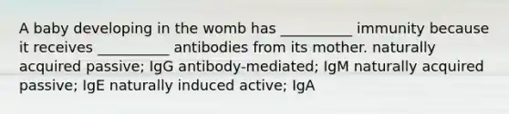 A baby developing in the womb has __________ immunity because it receives __________ antibodies from its mother. naturally acquired passive; IgG antibody-mediated; IgM naturally acquired passive; IgE naturally induced active; IgA