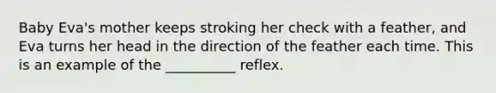 Baby Eva's mother keeps stroking her check with a feather, and Eva turns her head in the direction of the feather each time. This is an example of the __________ reflex.