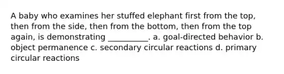 A baby who examines her stuffed elephant first from the top, then from the side, then from the bottom, then from the top again, is demonstrating __________. a. goal-directed behavior b. object permanence c. secondary circular reactions d. primary circular reactions