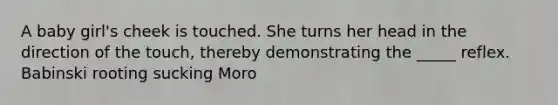 A baby girl's cheek is touched. She turns her head in the direction of the touch, thereby demonstrating the _____ reflex. Babinski rooting sucking Moro