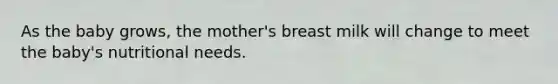 As the baby grows, the mother's breast milk will change to meet the baby's nutritional needs.