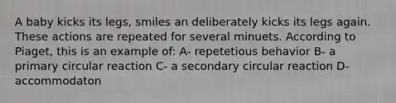 A baby kicks its legs, smiles an deliberately kicks its legs again. These actions are repeated for several minuets. According to Piaget, this is an example of: A- repetetious behavior B- a primary circular reaction C- a secondary circular reaction D- accommodaton