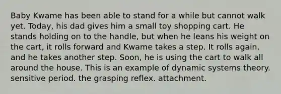 Baby Kwame has been able to stand for a while but cannot walk yet. Today, his dad gives him a small toy shopping cart. He stands holding on to the handle, but when he leans his weight on the cart, it rolls forward and Kwame takes a step. It rolls again, and he takes another step. Soon, he is using the cart to walk all around the house. This is an example of dynamic systems theory. sensitive period. the grasping reflex. attachment.